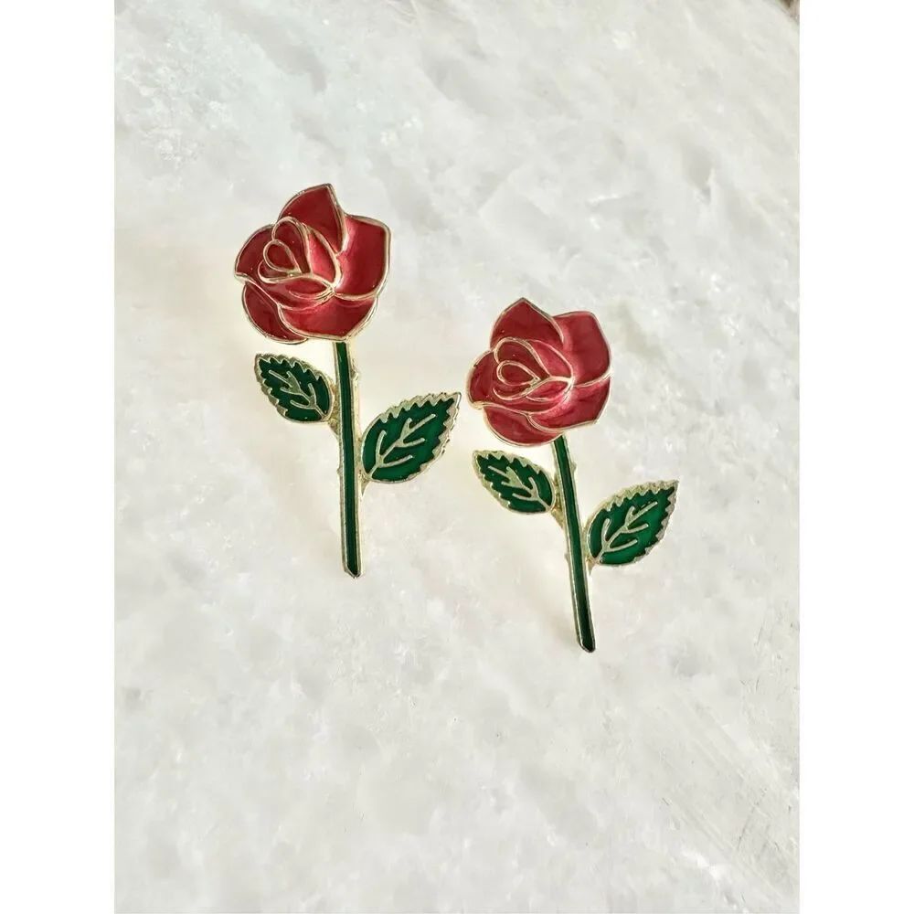 Red rose enamel dangle earrings